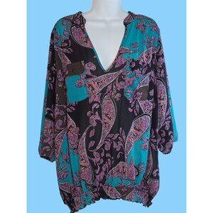 Lane Bryant Size 22/24 Black Pink Blue Paisley 1/2 Sleeve Ruffled Elastic Hem